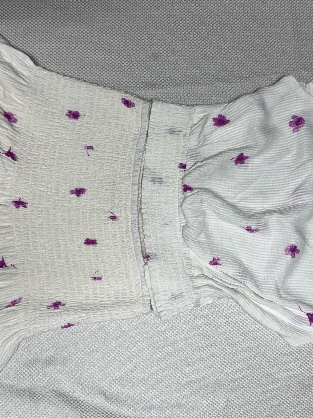 White Smocked 2 piece Backless top and Skirt  D with Purple Floral Print